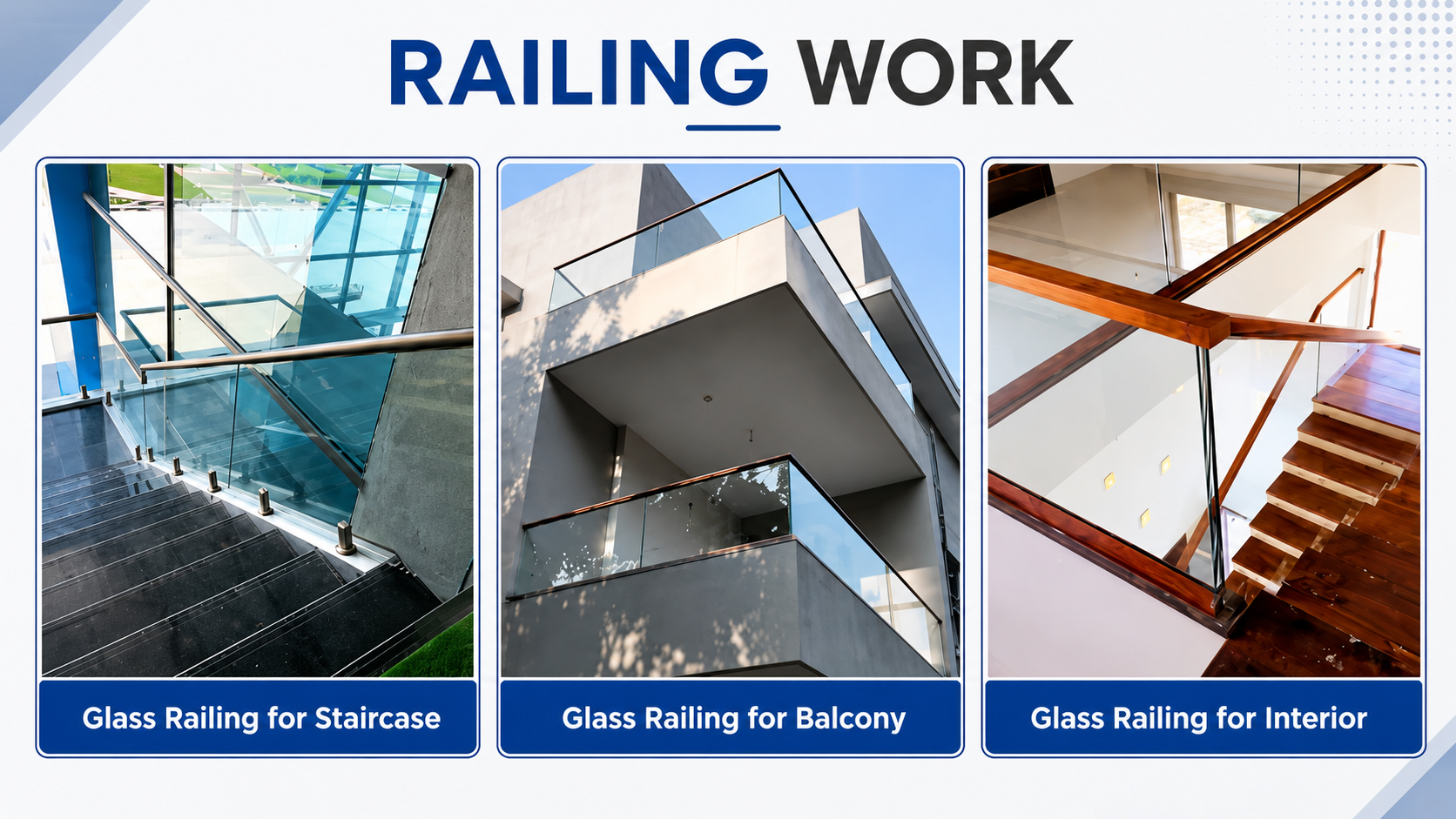 Glass railing for staircase, balcony, and interior